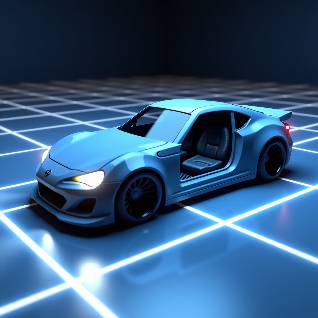 A sleek 3D car being assembled from separate parts like chassis and wheels in a virtual world, glowing digital grid floor, cinematic lighting, Roblox style graphics, 16:9 aspect ratio.
