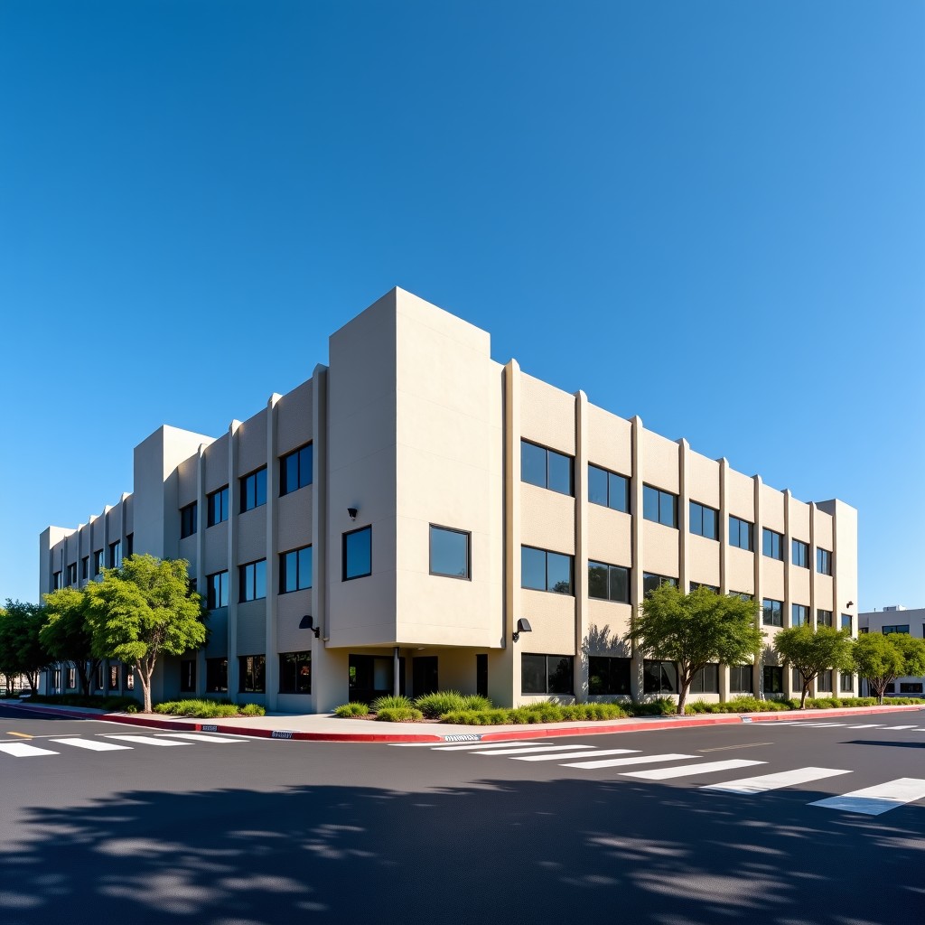 A professional wide shot of the Los Angeles Unified School District headquarters building under a clear blue sky in Los Angeles. The architecture is modern and administrative. No text or people are visible in the foreground. 4:3