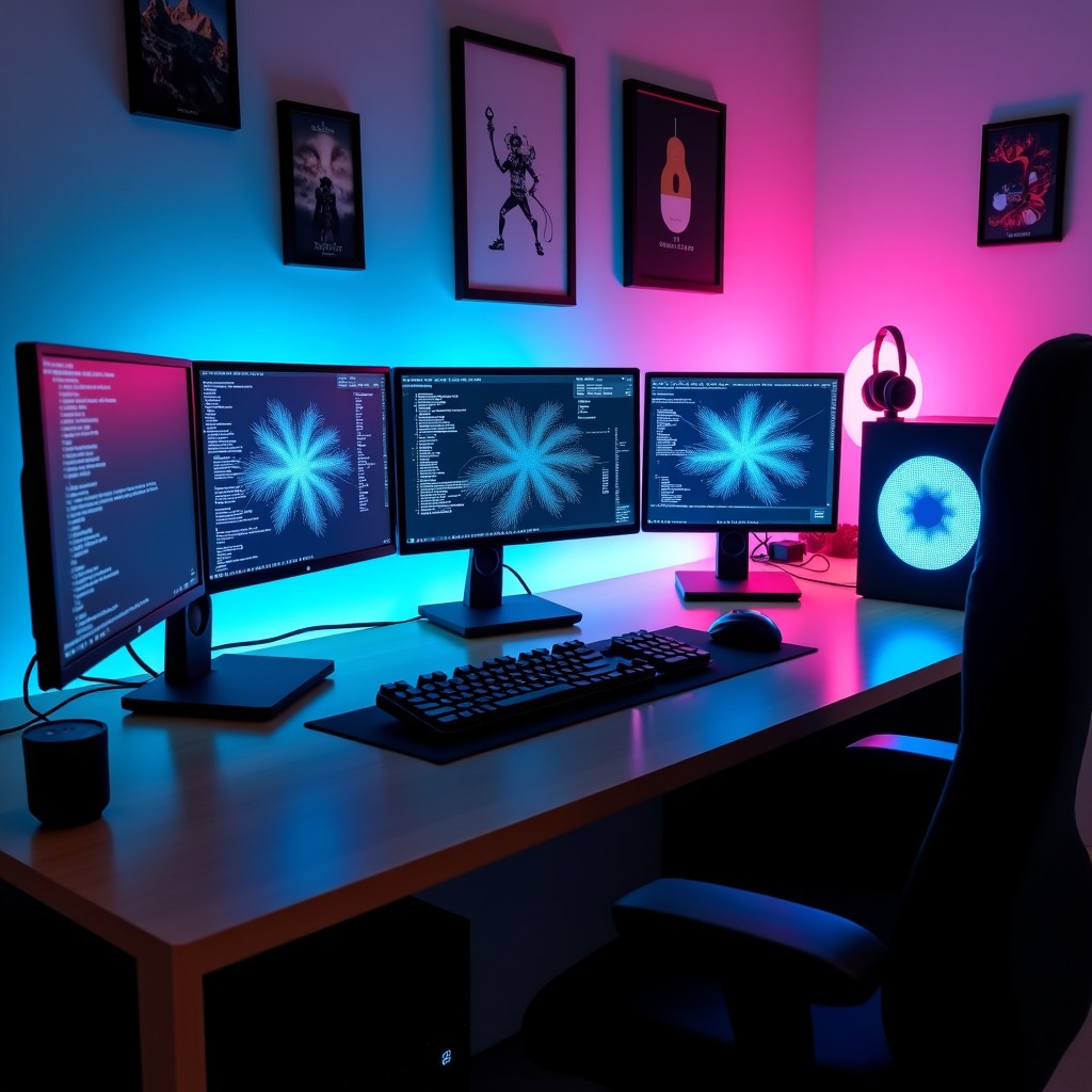 A high-tech home office setup with a powerful computer system, multiple monitors displaying neural network visualizations and clean code, soft ambient lighting, high-quality photography, 4:3