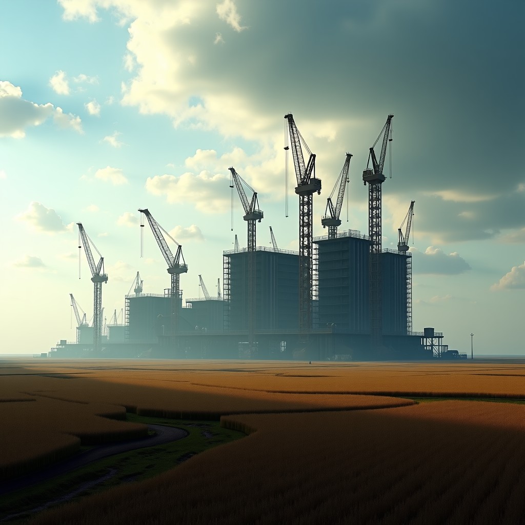 A wide cinematic shot of a massive futuristic data center construction site in a rural agricultural landscape of Louisiana. Large industrial cranes and steel structures rising from the ground, surrounded by vast flat farmland under a dramatic cloudy sky. High contrast, modern industrial photography style, 4:3