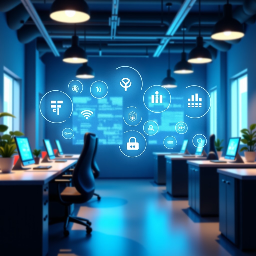 A modern high-tech marketing office environment where digital AI agents are visualized as semi-transparent glowing nodes connecting various data streams and marketing platforms. Professional atmosphere, futuristic clean UI elements floating in the air, 4:3