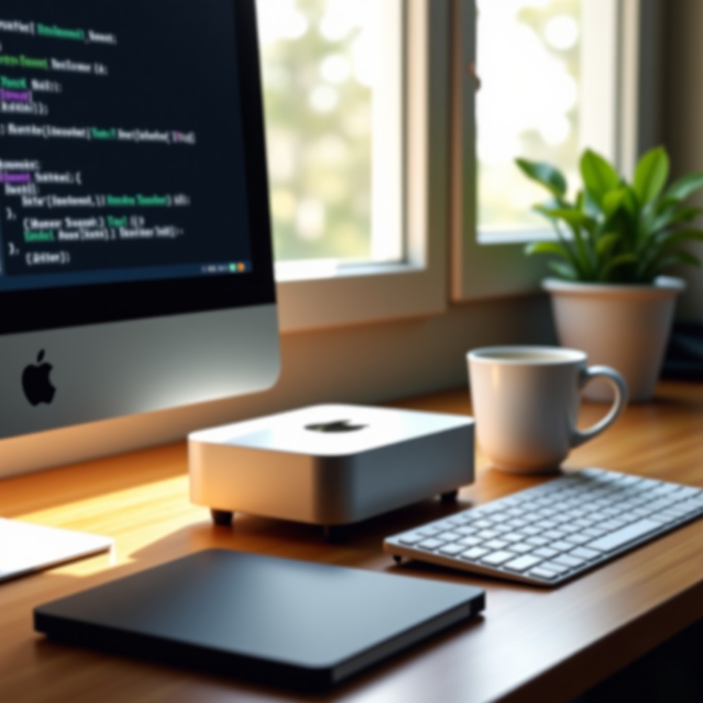 A sleek Mac Mini sitting on a wooden desk next to a coding book and a cup of coffee, soft morning sunlight through a window, realistic photography style, 4:3