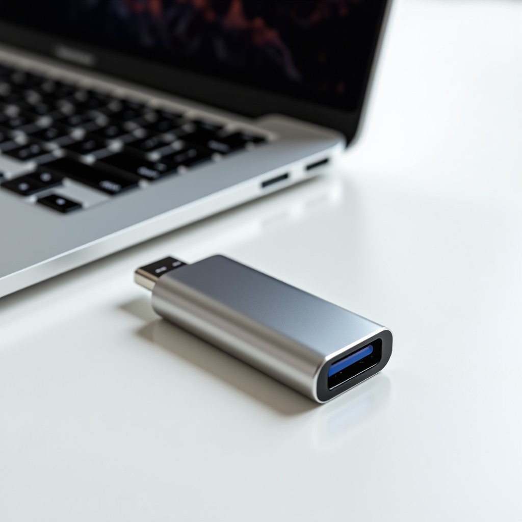 A high-quality silver metallic USB-C flash drive sitting next to a modern laptop on a white desk, clean product photography, bright lighting, 1:1