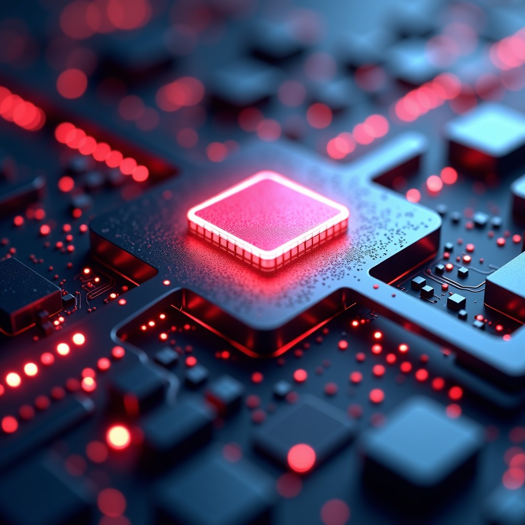 Abstract representation of different technology sectors merging into one integrated core, metallic and neon light style, 4:3