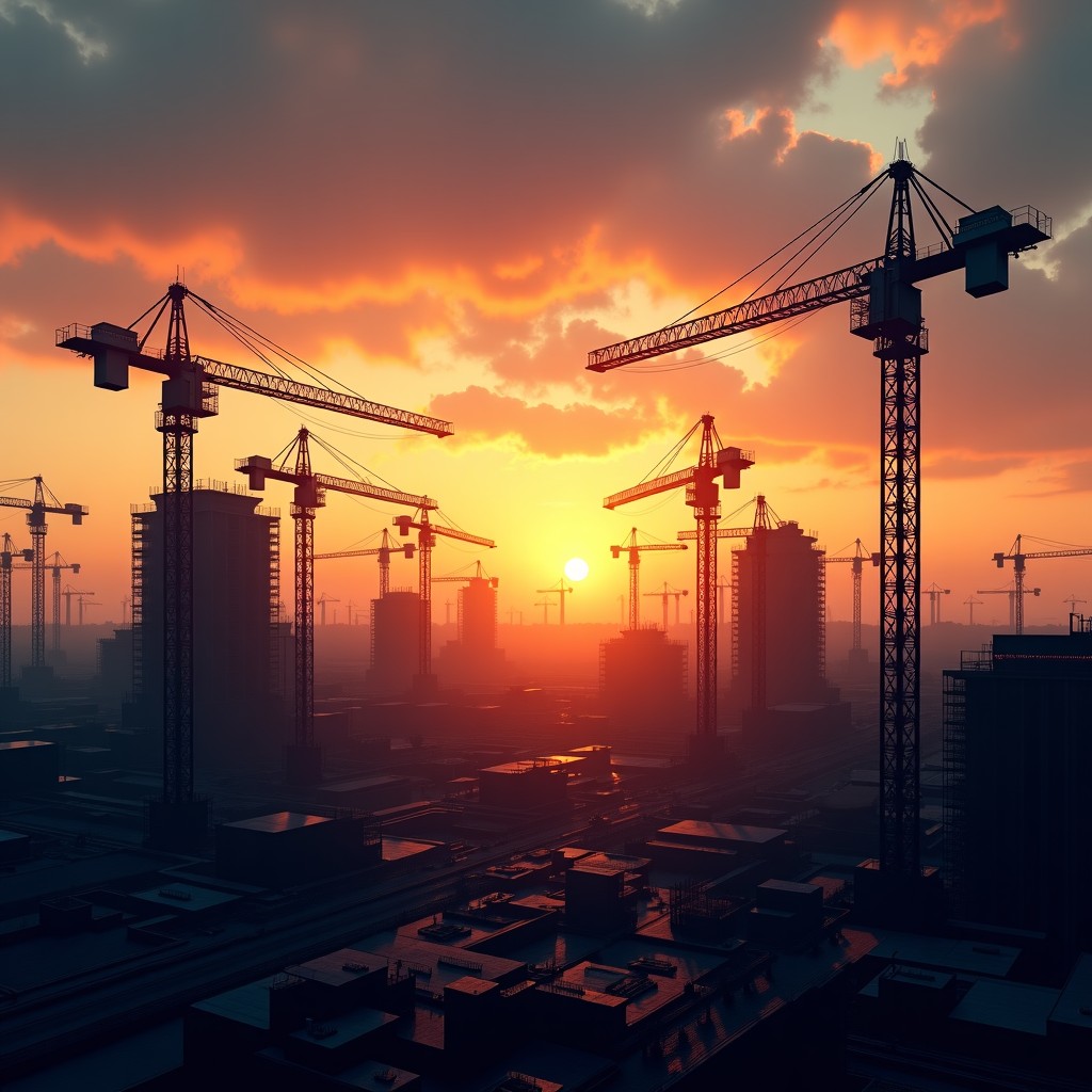 A large scale construction site of a modern technology facility with cranes and steel structures but no workers, dramatic sunset lighting, high contrast, wide angle, 4:3