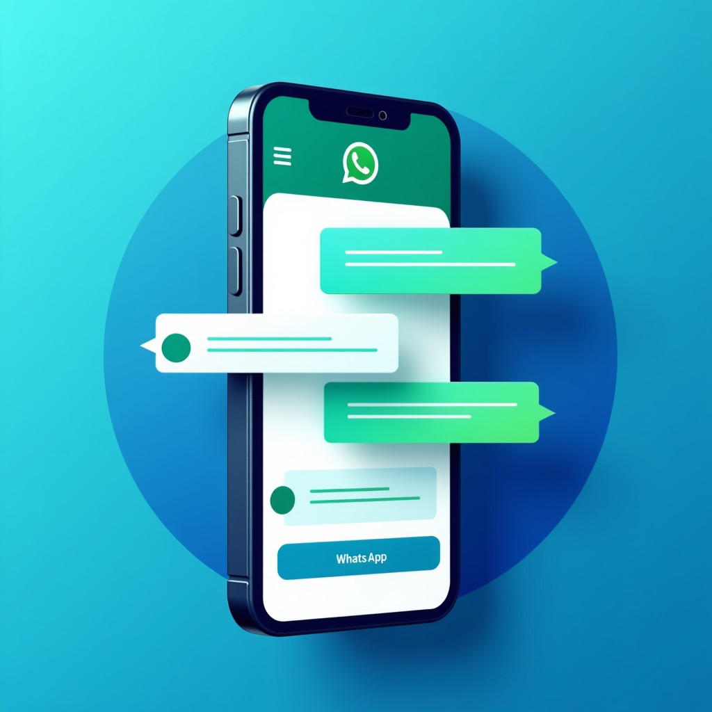 A sleek digital interface showing a mobile chat application like WhatsApp integrated with an AI assistant. The design is modern and intuitive, featuring vibrant blue and green tones. Clean infographic style. 1:1