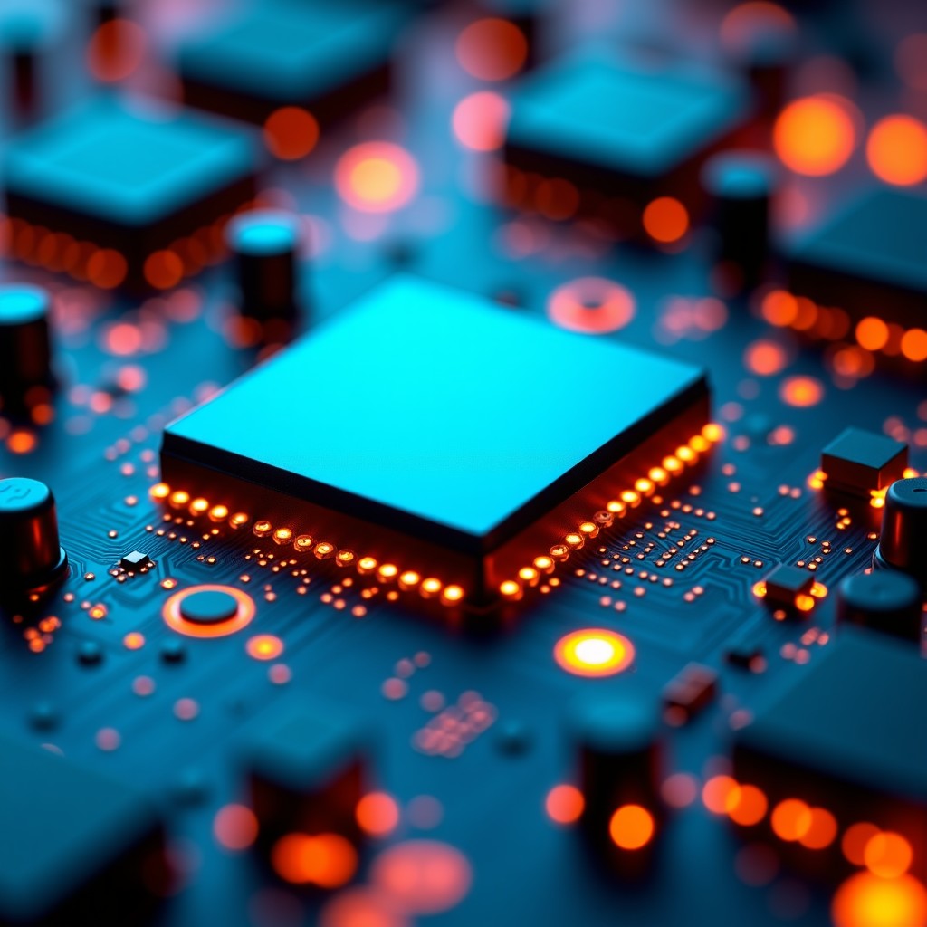 Close up of a motherboard with glowing circuits and a screen showing a firmware progress bar, digital art style, cyan and orange lighting, 4:3