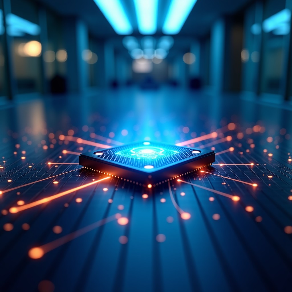 A futuristic high-tech visualization of a partnership between a social media giant and a semiconductor company. Glowing blue and orange light paths connecting a stylized DNA-like data structure with a sophisticated microprocessor. Modern corporate office setting in the background with a soft focus. 4:3