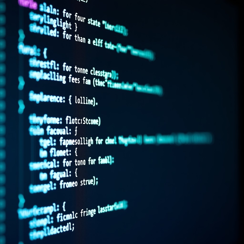 Close-up of a computer screen showing complex software code and scripts, dark mode interface, professional programming environment, technology focus, 4:3
