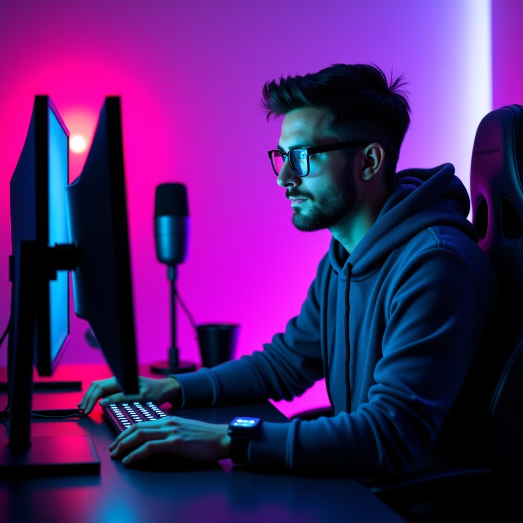 A professional male streamer sitting in front of a high-end PC setup with dual monitors and a microphone, focused expression, neon room lighting in purple and blue tones, cinematic photography style, 4:3