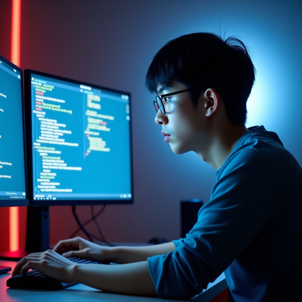 A Korean male software developer looking at multiple monitors with code, looking serious and thoughtful about a system error in a modern office setting. 4:3