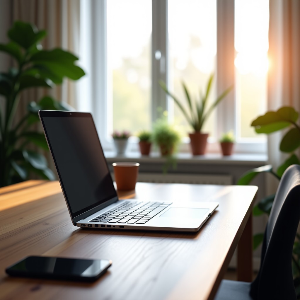 A sleek modern home office desk with a minimalist laptop and a tablet in a bright airy room with natural sunlight filtering through a window 4:3