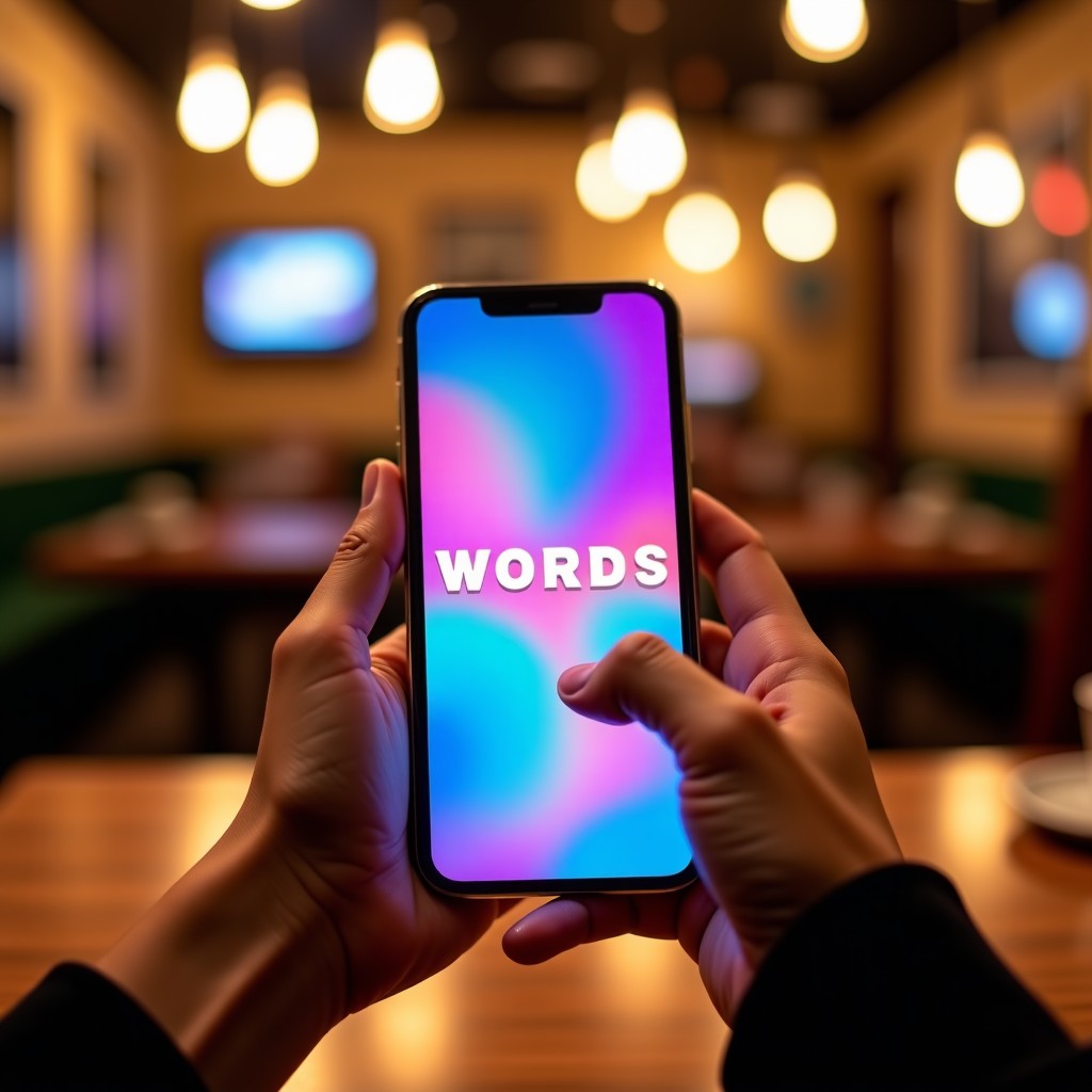 A close-up of a person's hands holding a modern smartphone displaying a colorful word puzzle game interface. The background is a cozy cafe with soft bokeh lights. Lifestyle photography, natural setting, 1:1