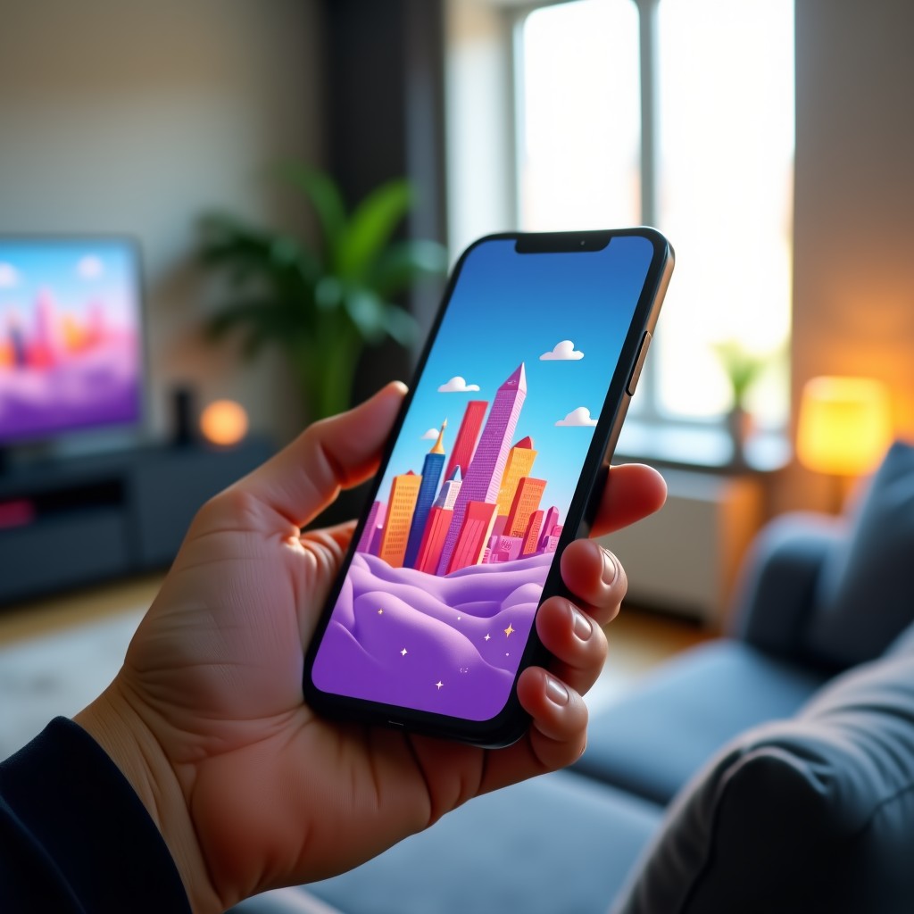 A person holding a modern smartphone with a vibrant and colorful 3D social virtual world displayed on the screen. The background is a bright contemporary living room with soft natural lighting. High quality photography style, 4:3