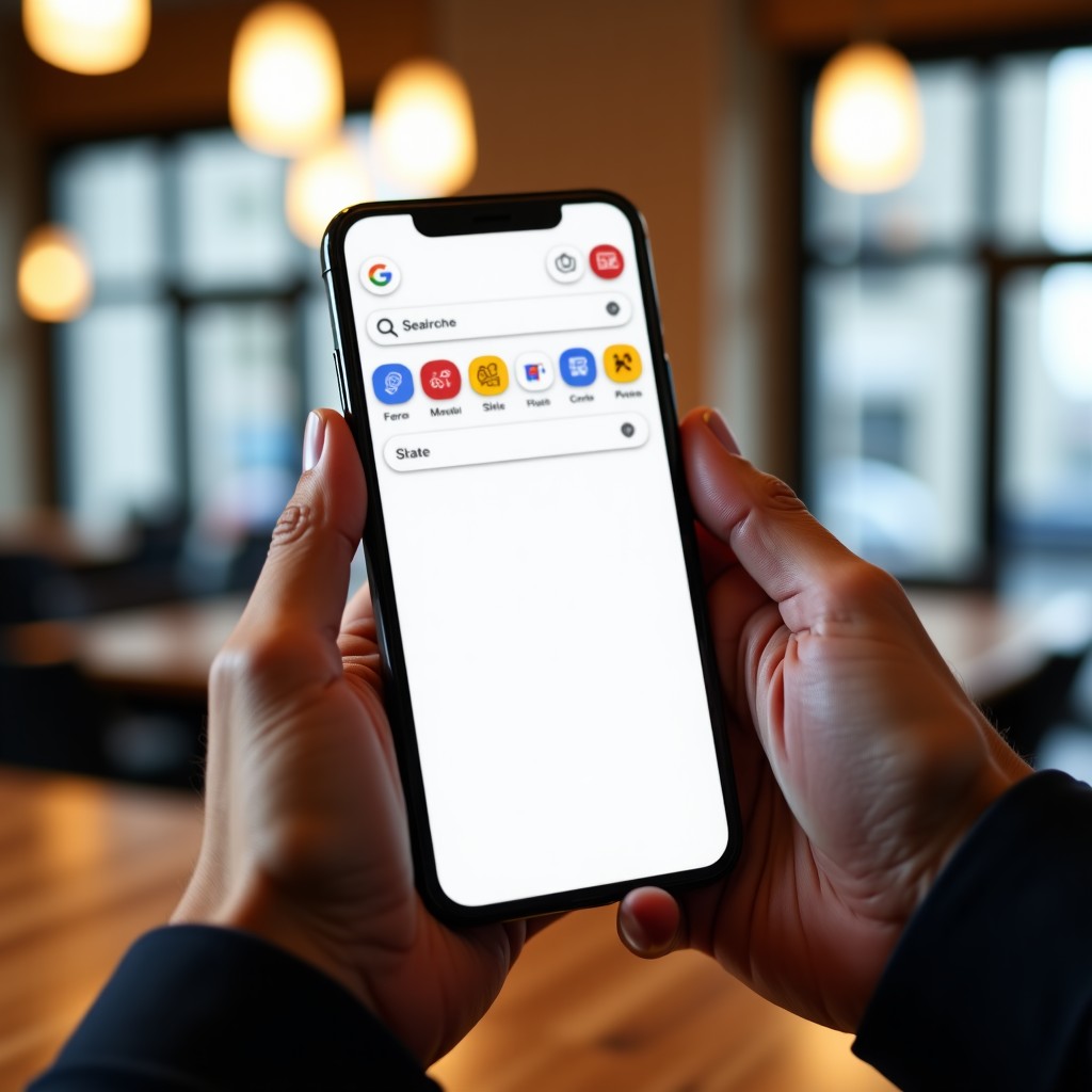 A pair of hands holding a sleek modern smartphone. The screen displays a Google Search AI Mode interface with colorful icons and clear source links. The background is a blurred modern cafe setting with soft bokeh. 4:3