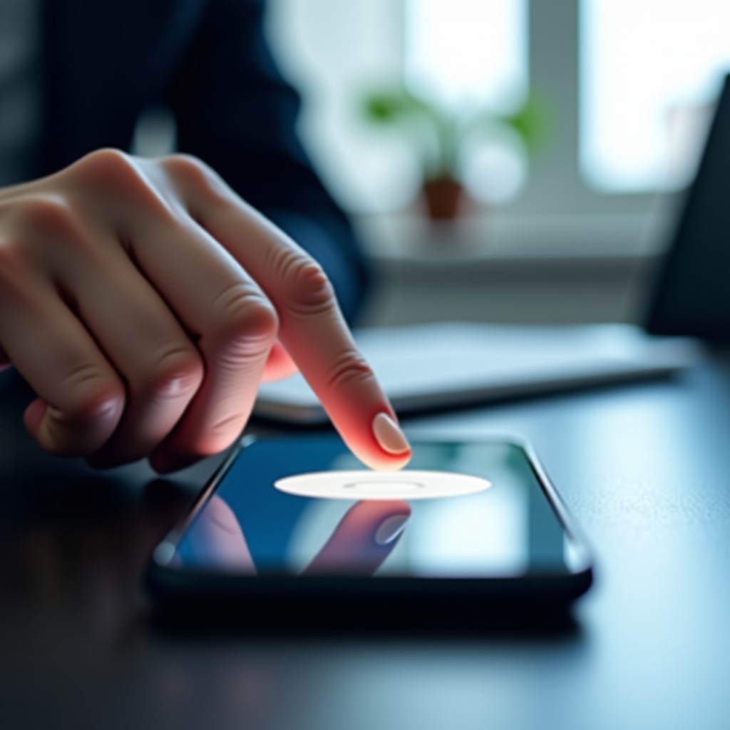 Close-up shot of a finger tapping a clean, modern action button on a smartphone screen. The interface is elegant with soft shadows and a professional aesthetic. The background is a blurred office setting with cool tones. No text. 4:3