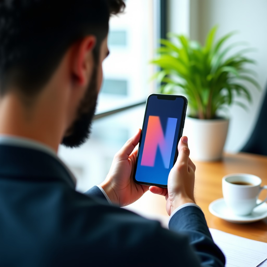 A realistic photo of a young professional marketer in a bright office looking at a smartphone screen. The screen shows a vertical creative asset with vibrant colors. The background is blurred with office elements like a green plant and a coffee cup. Natural lighting, high resolution, no text. 4:3