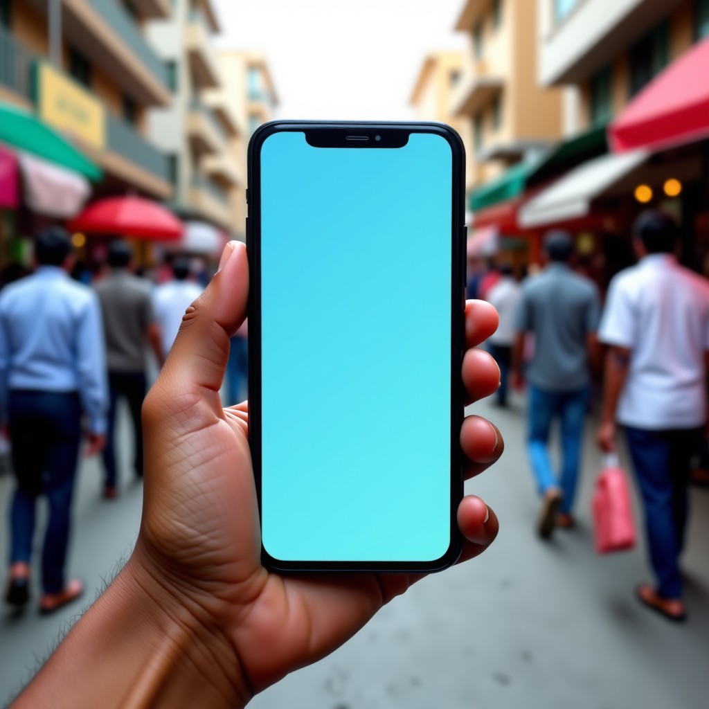 Close up of a hand holding a modern smartphone displaying a clean AI chat interface, blurred background of a bustling Indian street market, vibrant colors, realistic texture, 1:1