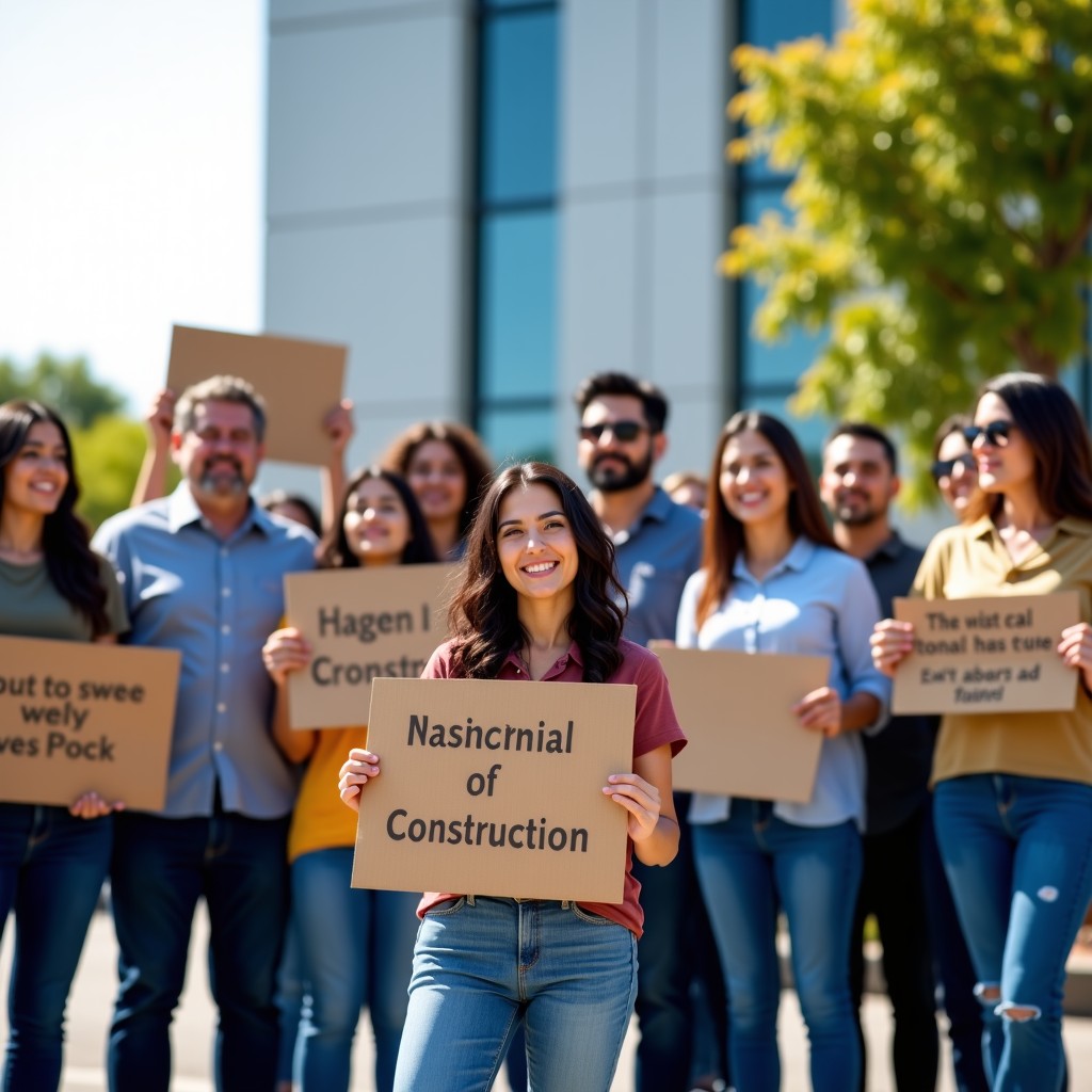 A diverse group of Asian and Hispanic residents gathering in front of a modern California city hall building, holding cardboard signs with messages against industrial construction, sunny day, cinematic lighting, wide shot, 4:3