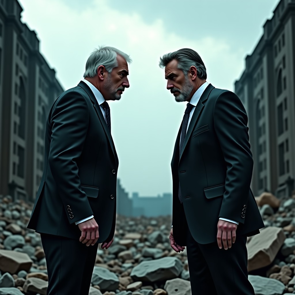 A cinematic scene of two middle-aged male action stars facing off on a crumbling stone bridge with rubble everywhere, dramatic lighting, stormy sky background, high action tension, realistic skin textures, 4:3