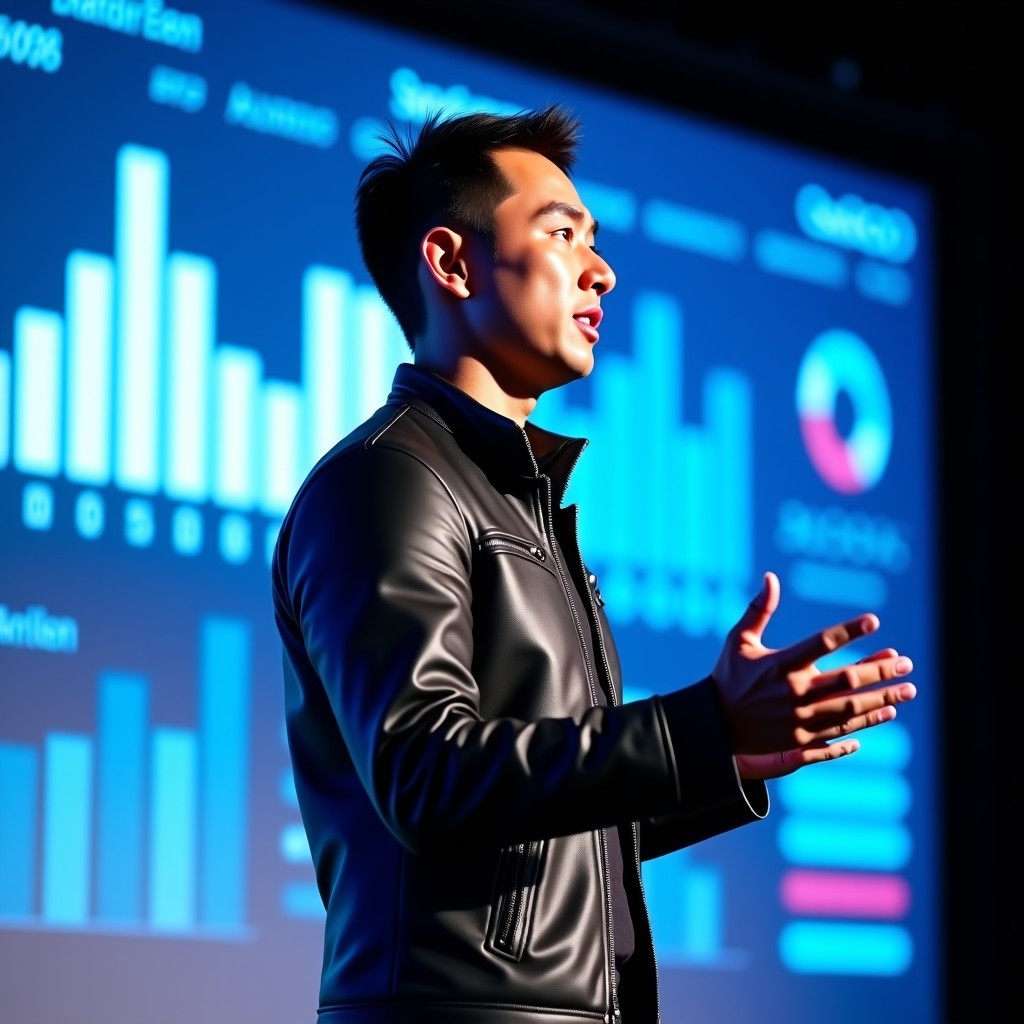 A charismatic Asian male CEO in a black leather jacket giving a powerful presentation on a high-tech stage, digital background with data visualizations, professional atmosphere, 4:3