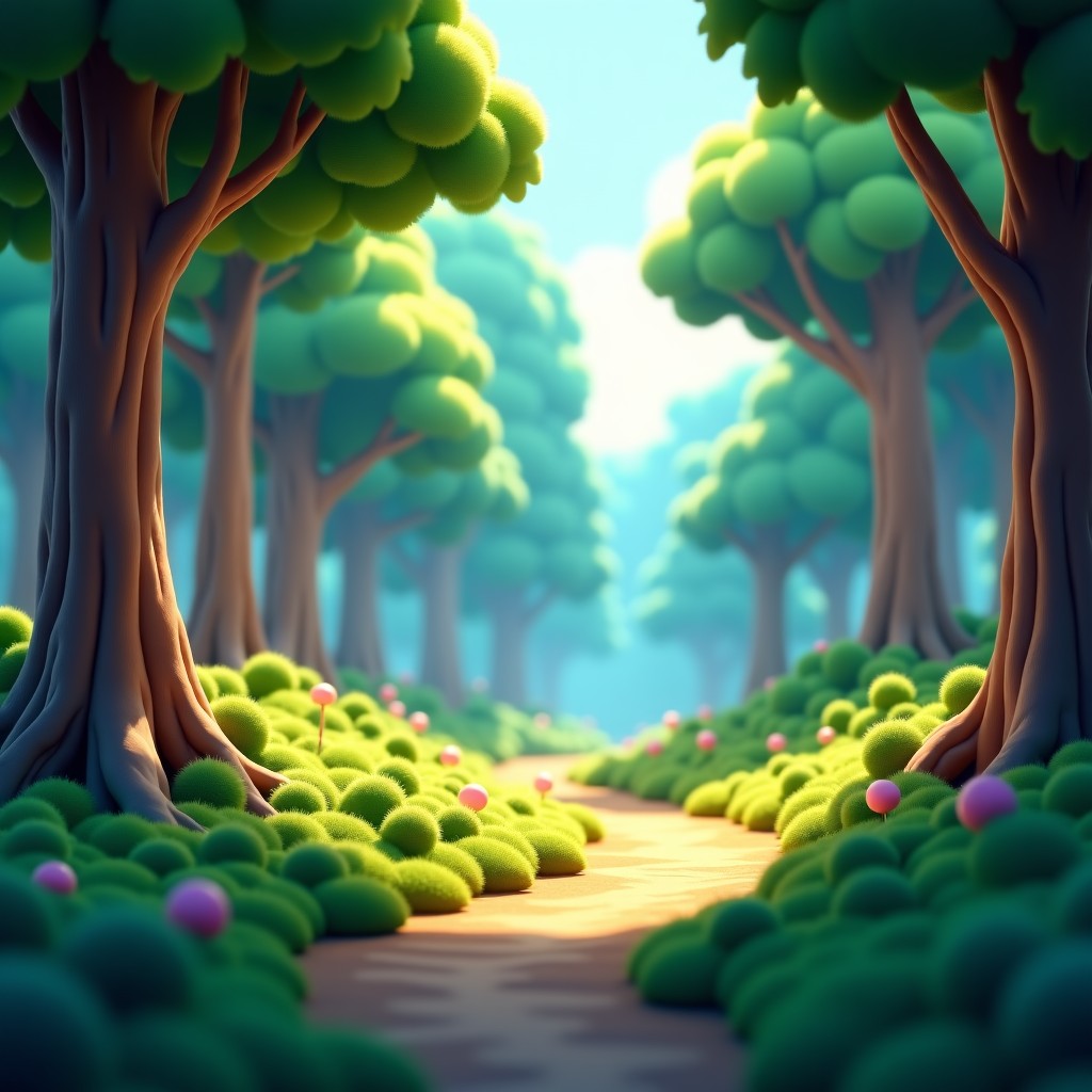 A detailed 3D animated environment of a lush forest with realistic lighting and physical interactions, cinematic composition, vibrant colors, no text, 4:3