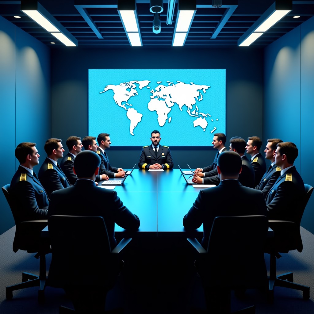A serious high-stakes meeting between US military officials in uniforms and tech executives in suits inside a modern dimly lit conference room with a large screen displaying AI data patterns. 1:1