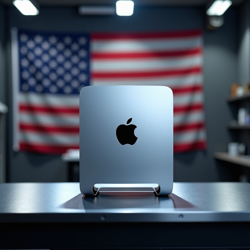 A sleek silver Apple Mac mini positioned on a modern industrial workbench with a subtle United States flag design in the background lighting, high-tech manufacturing atmosphere, professional studio photography, 4:3