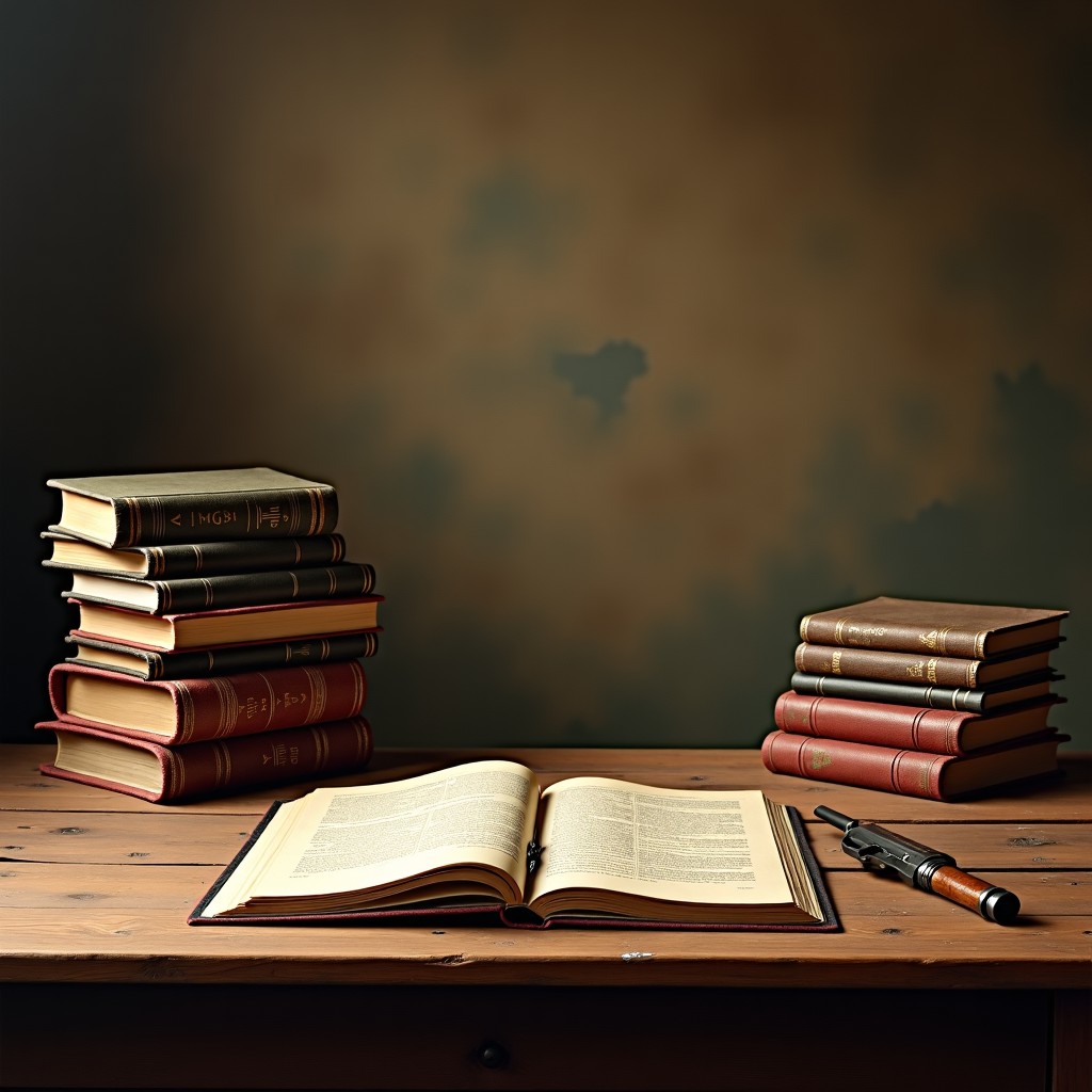 An artistic rendering of vintage books and historical manuscripts on a worn wooden table, sepia tones, textured background, symbols of 1920s American history, dramatic shadows. 4:3