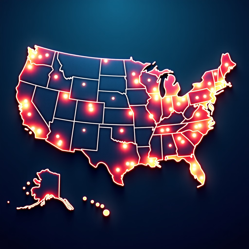 A map of the United States with glowing nodes representing major data centers and power grid lines, infographic style, 4:3