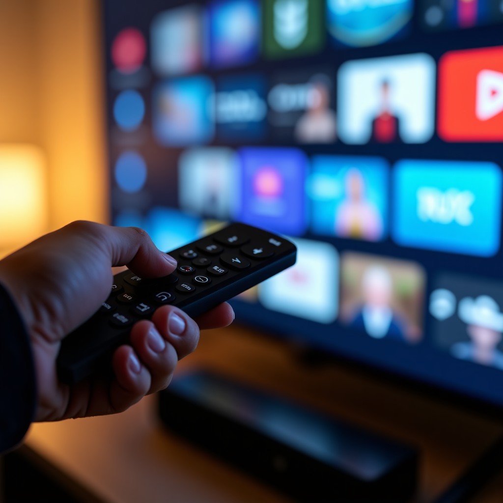 Close-up of a person's hand using a sleek modern remote control to navigate a colorful grid of video thumbnails on a smart TV interface. 4:3