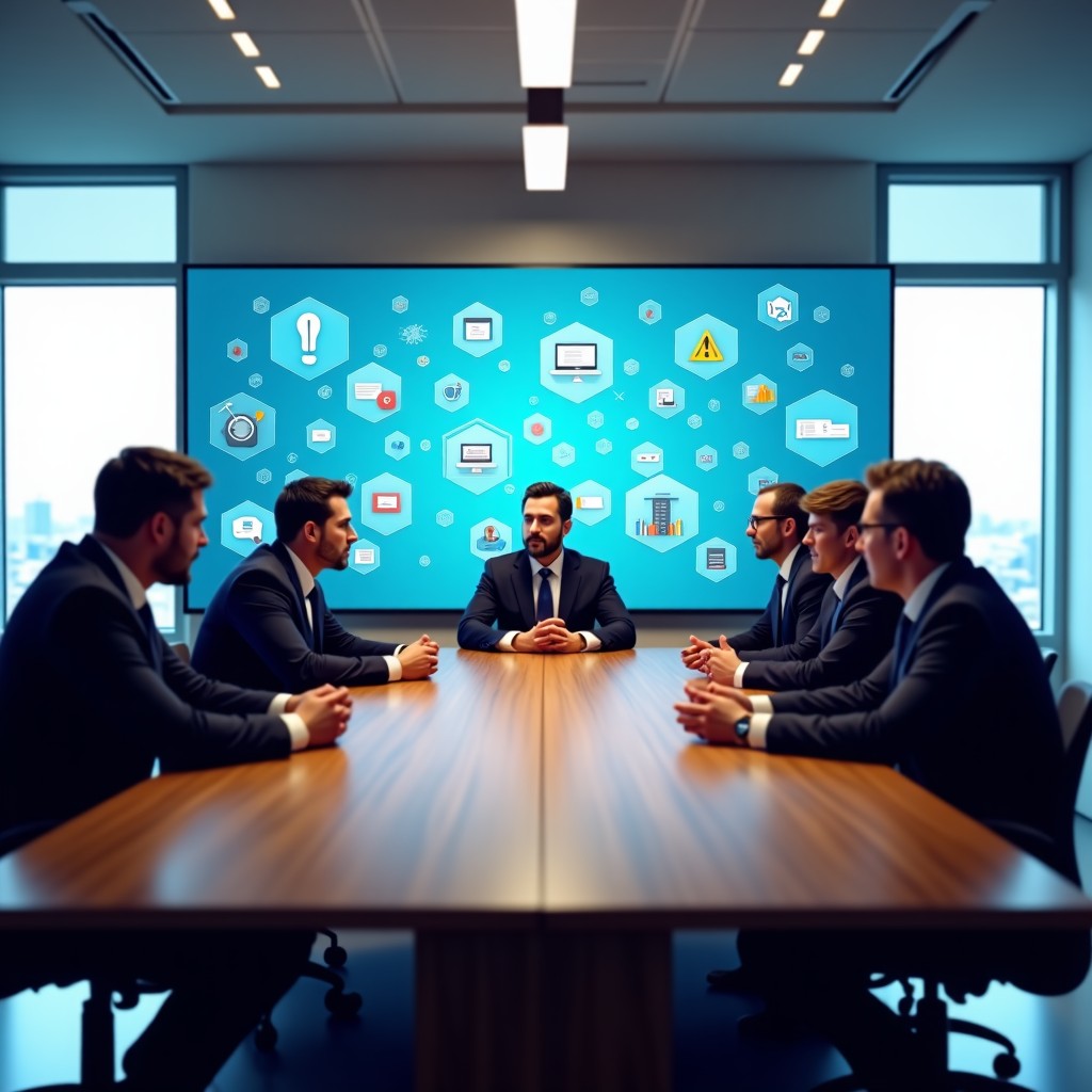 A professional meeting room with a large wooden table, business executives in discussion, digital screens in the background showing abstract data and media icons, modern office interior, natural lighting through large windows, 4:3