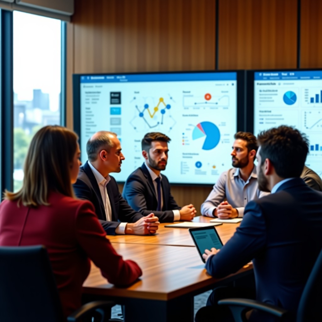 A realistic lifestyle photograph of diverse professionals in a modern meeting room discussing strategy. They are looking at digital screens displaying news layouts and AI network diagrams. Natural lighting, warm and professional atmosphere. 4:3 aspect ratio.