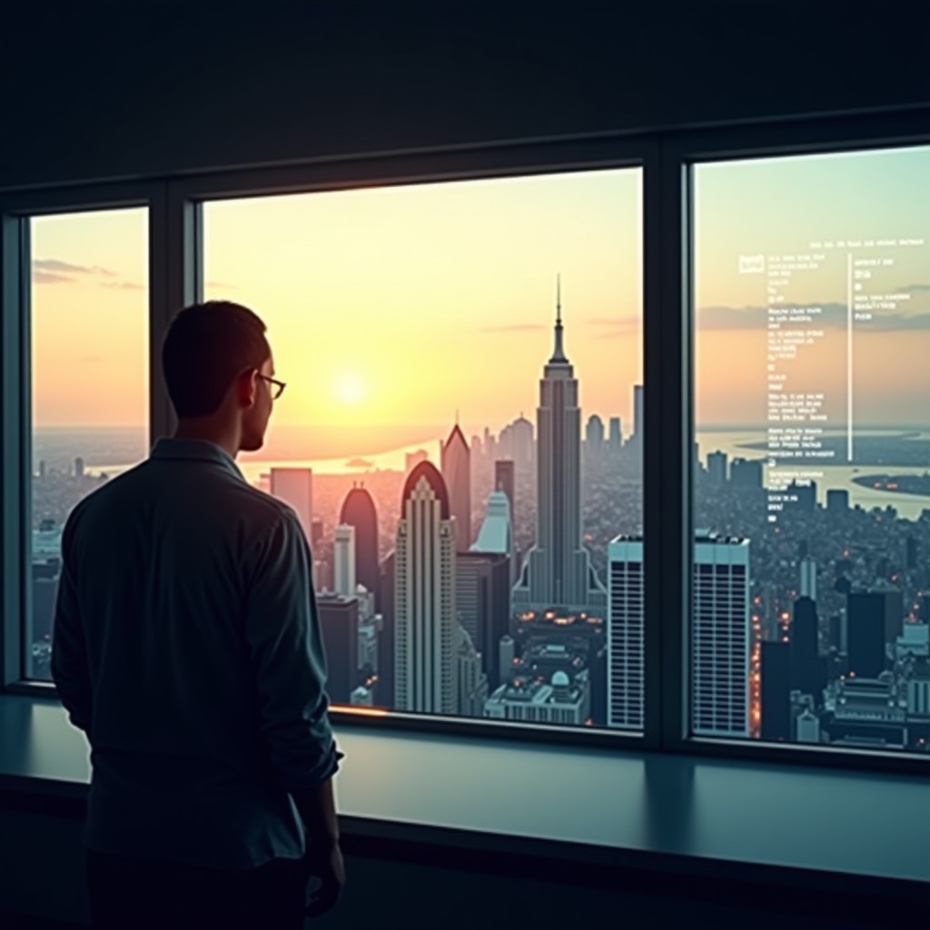 A person looking through a large window at a futuristic city with digital data overlays, contemplative mood, high contrast, warm interior light, 4:3