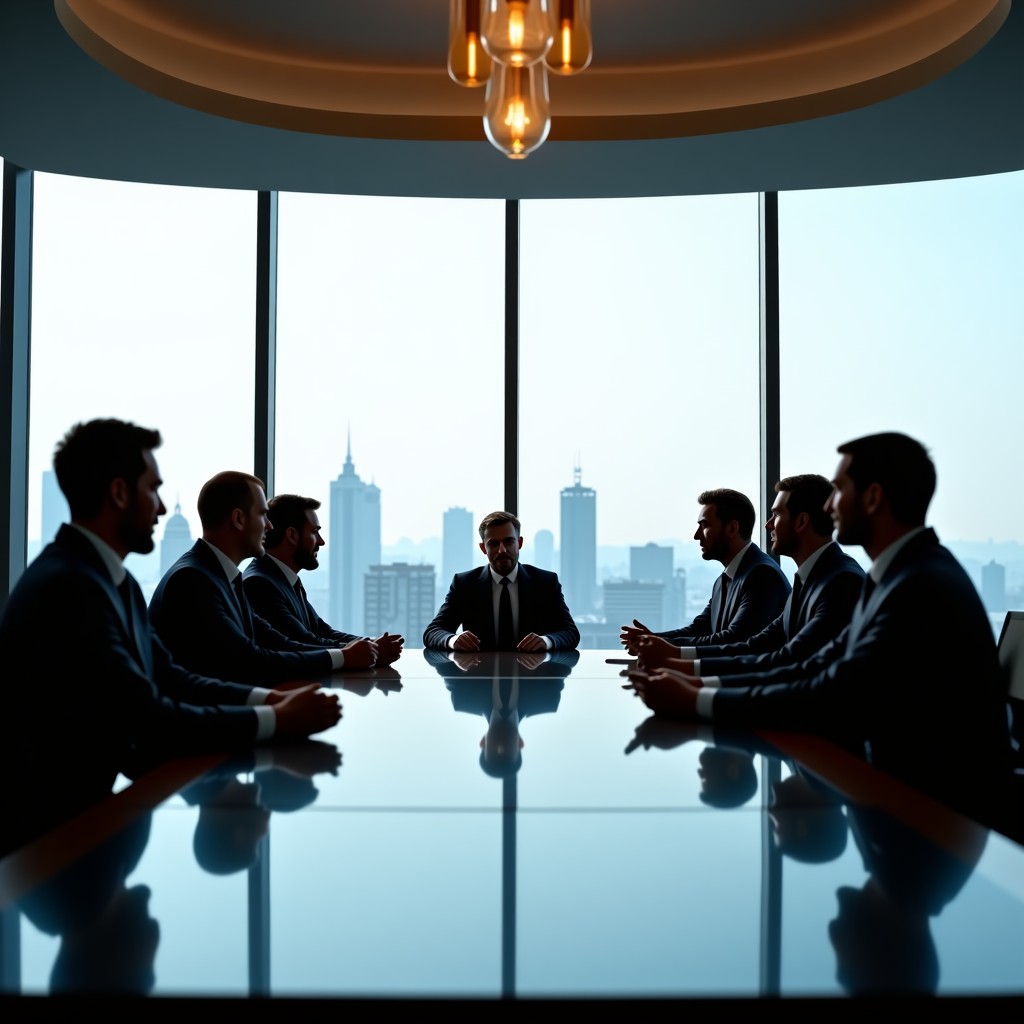 Professional business meeting between diverse tech executives and government officials in a high-end boardroom, large windows showing a cityscape of New Delhi, sophisticated atmosphere, wide angle, 4:3