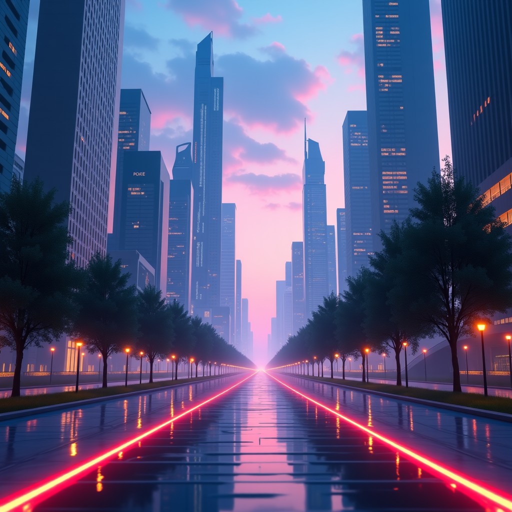 A futuristic cityscape at dusk with holographic displays and glowing pathways, representing the integration of advanced technology in society, 4:3