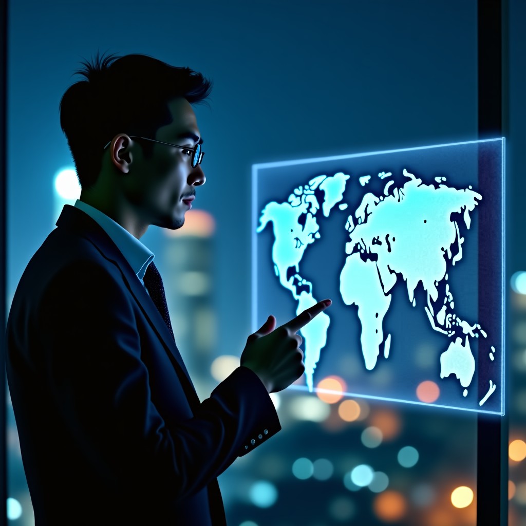 A side profile of a focused Korean business professional looking at a holographic display of logistics data and 3D maps in a modern office at night. City lights visible through the window, sophisticated and high-tech atmosphere, 4:3 aspect ratio.