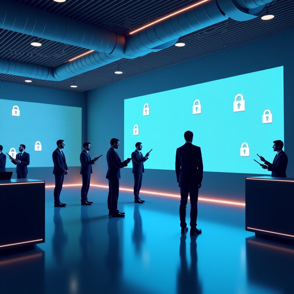 A futuristic business setting where AI agents cooperate with human professionals, abstract symbols of security and authorization patterns integrated into the design, professional atmosphere, 4:3