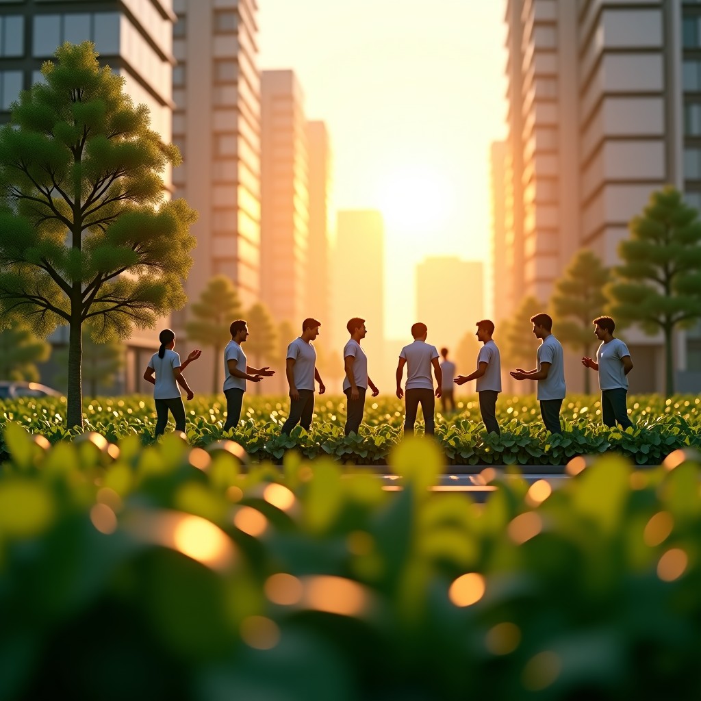 A hopeful and bright cinematic shot of a futuristic city where AI technology is used for climate control and urban farming. A diverse group of people are working together happily. The lighting is warm and golden hour. The composition is detailed and rich with green nature and clean technology. No text. 1:1