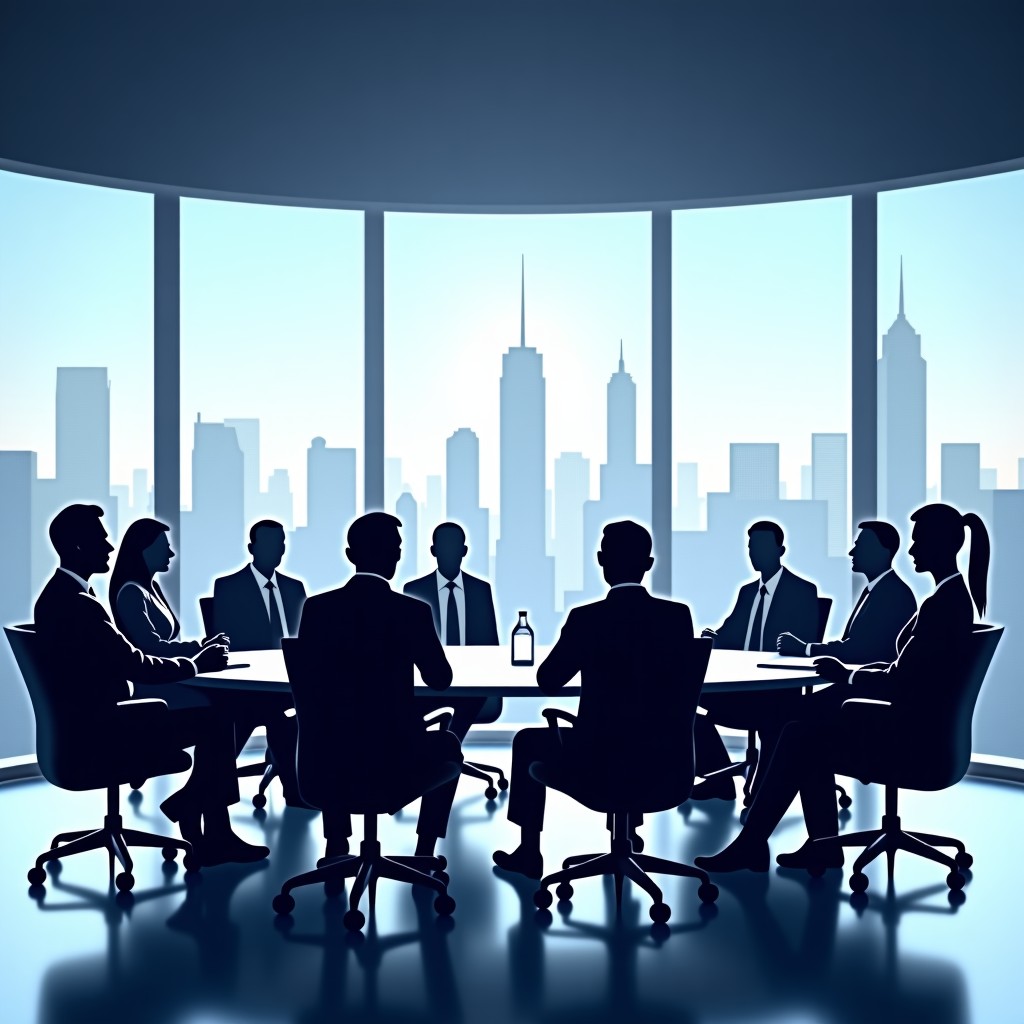 A group of professional investors of diverse backgrounds sitting in a high-tech meeting room with a large window overlooking a futuristic city. Realistic lighting and professional atmosphere. 4:3