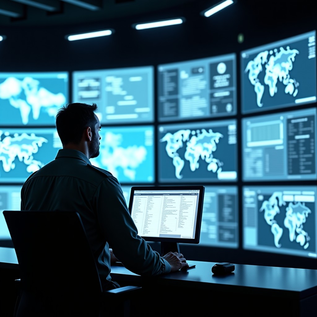 A realistic view of a high-tech military command center with large transparent displays showing data maps. A human officer is monitoring the screen, emphasizing human-in-the-loop control. Cinematographic lighting. 4:3