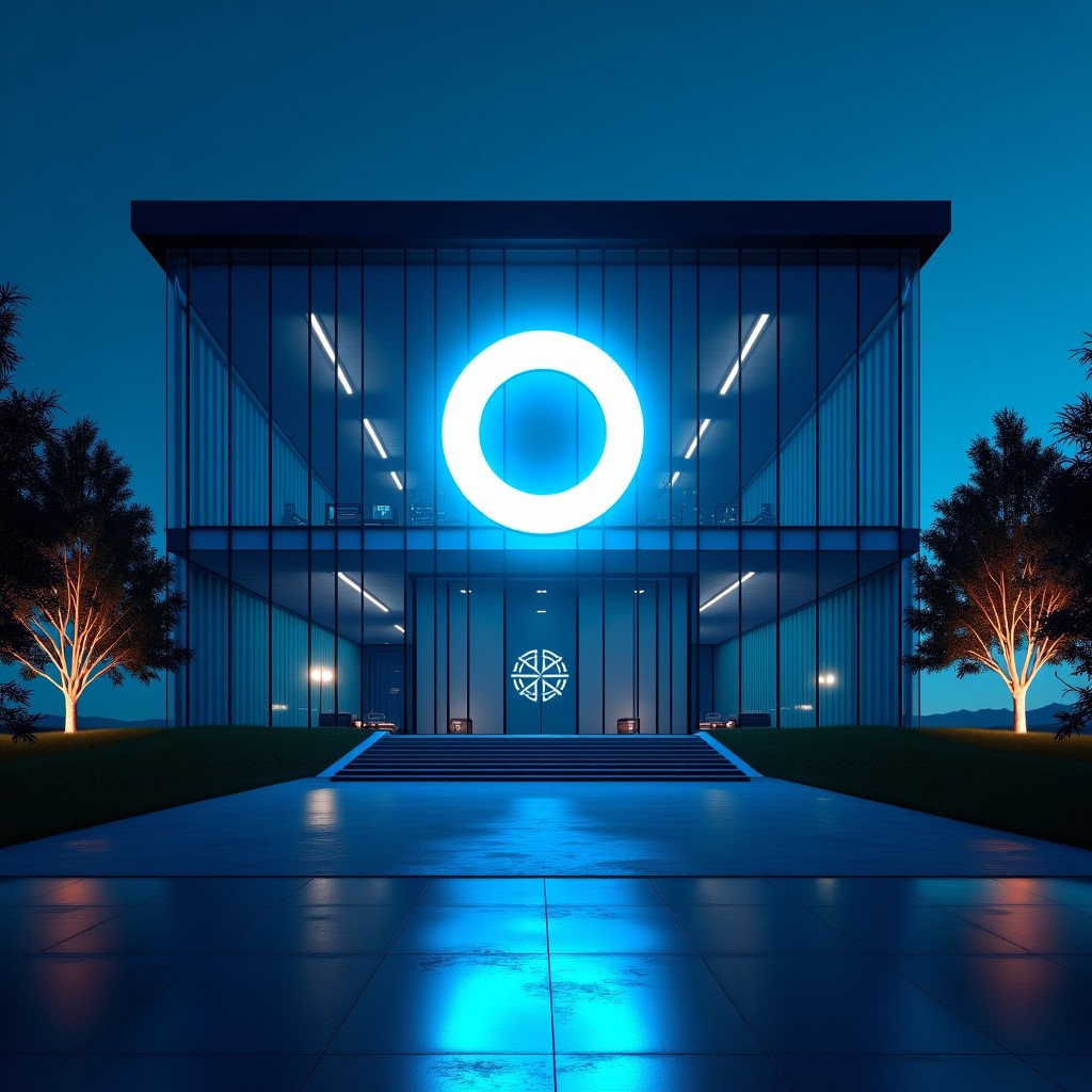 A futuristic and modern technology company headquarters with a glowing OpenAI logo at night, sleek glass architecture, ambient blue lighting, high-tech atmosphere, cinematic wide shot, 4:3