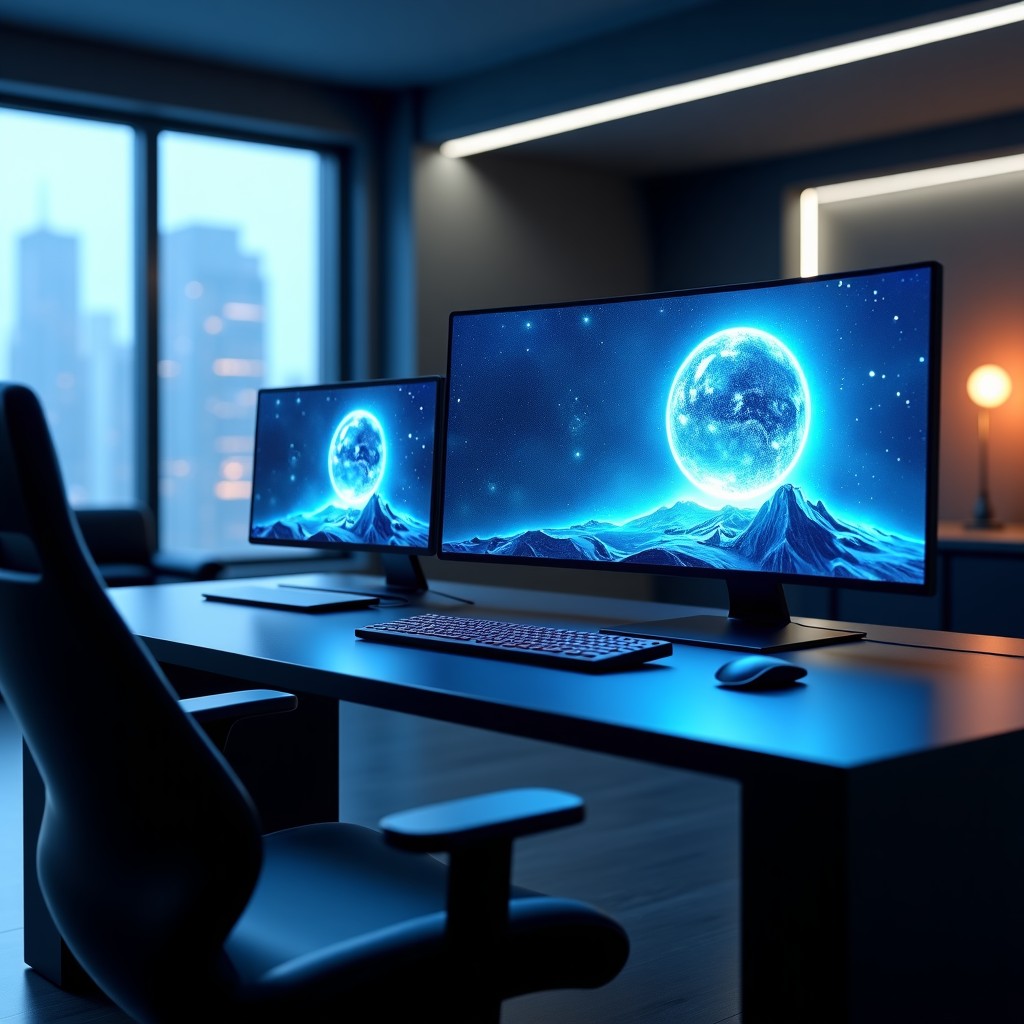 A futuristic workstation with multiple screens displaying high-quality AI generated digital art, sleek modern office interior, cinematic lighting, 8k resolution, photorealistic style. 4:3