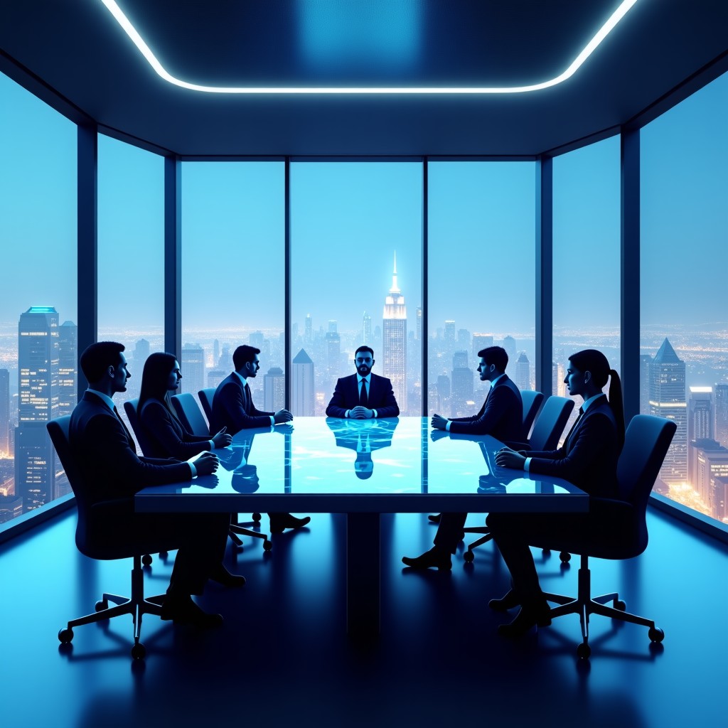 A high-tech corporate meeting room with glass walls looking over a futuristic city at night. Professional people are sitting around a sleek conference table with holographic displays. Modern and clean atmosphere with soft blue lighting. 4:3