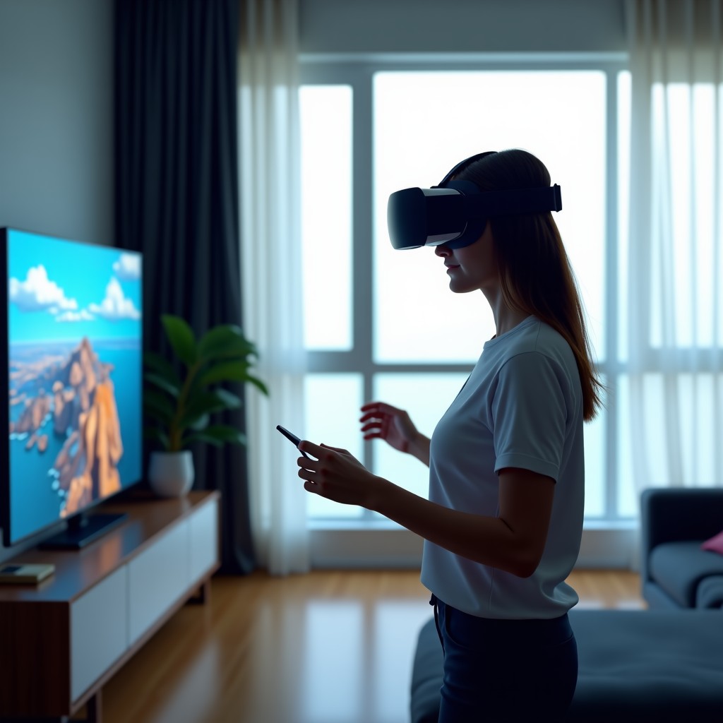 A person wearing a sleek VR headset in a minimalist living room, interacting with a beautiful and complex virtual world, soft natural lighting, high quality lifestyle photography, 4:3