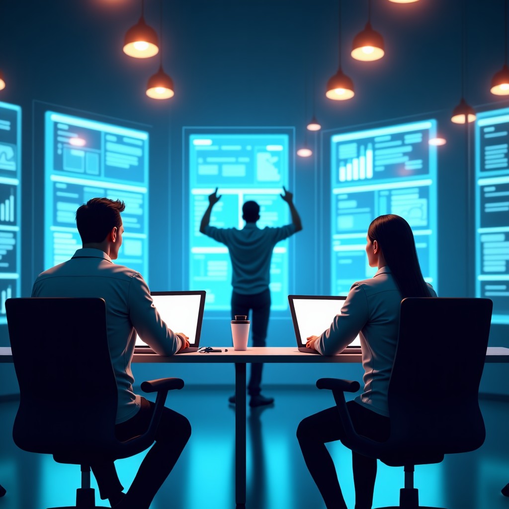 A professional office setting where humans and holographic AI interfaces work together, focus on digital screens with creative layouts, 4:3