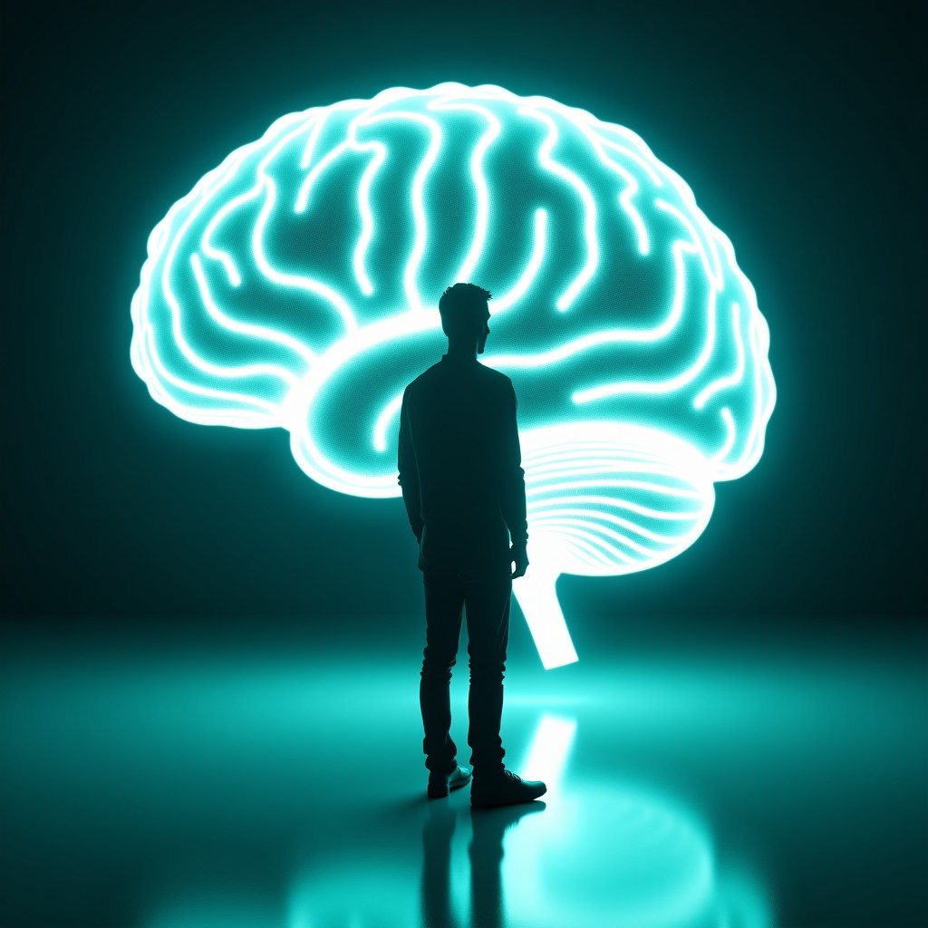 A silhouette of a person standing in front of a giant holographic brain composed of light particles. The person looks confident and visionary. Soft teal and purple lighting, futuristic aesthetic. 16:9