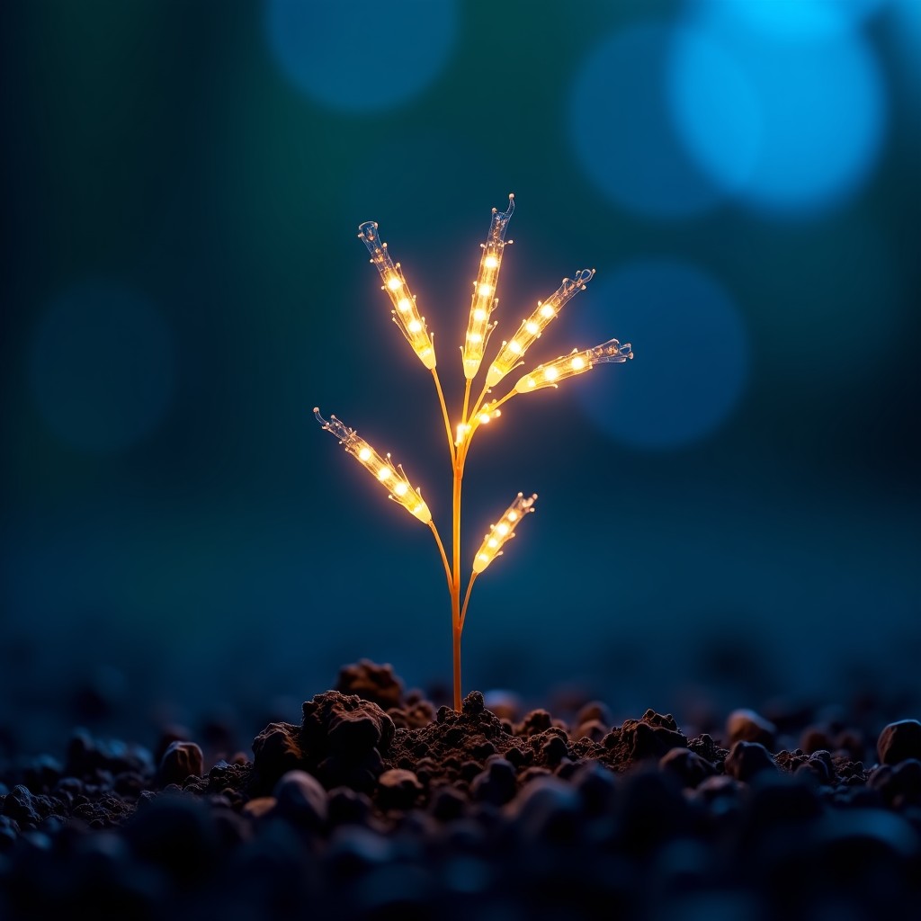 A symbolic composition of a sprouting plant made of fiber optic cables glowing with light, set against a dark rich blue background with subtle bokeh effects, high contrast and modern layout, 4:3