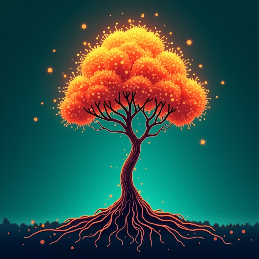 An artistic representation of a tree whose roots are digital circuits and leaves are glowing data points. A vibrant mix of teal and orange colors. Futuristic and inspirational mood. 4:3