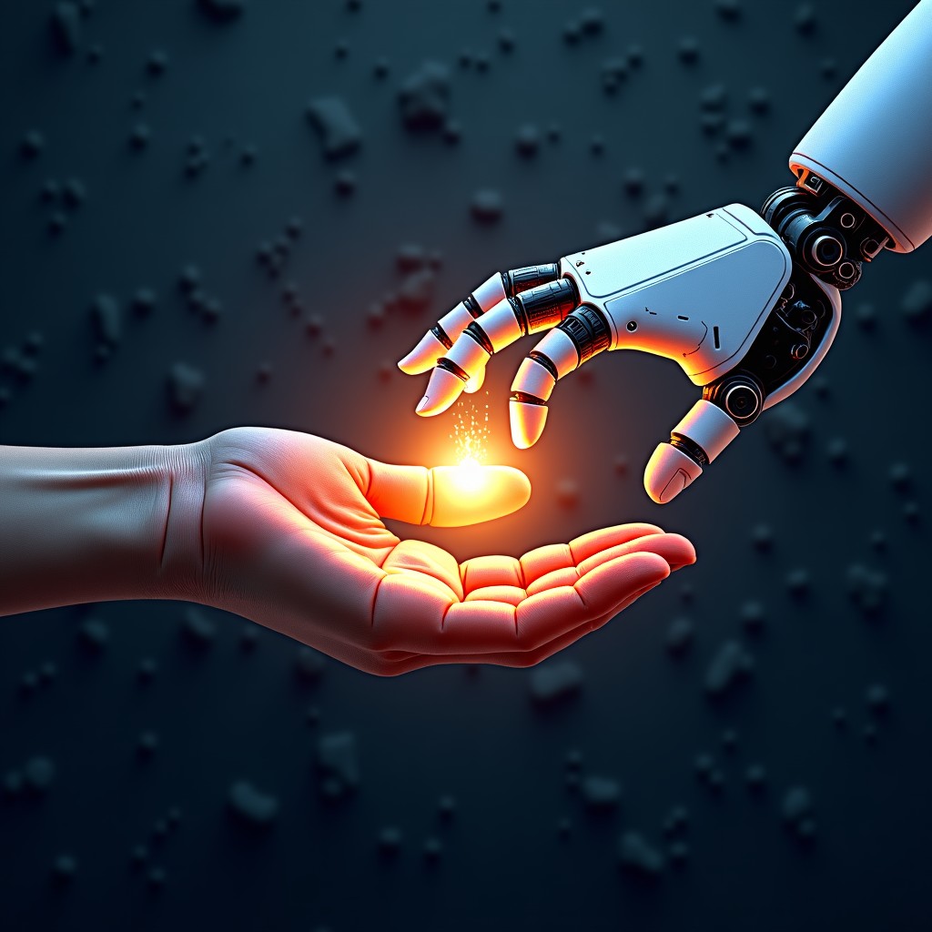 An artistic rendering of a human hand and a robotic hand reaching towards a glowing digital core. Textured background, high contrast, vibrant colors, 4:3